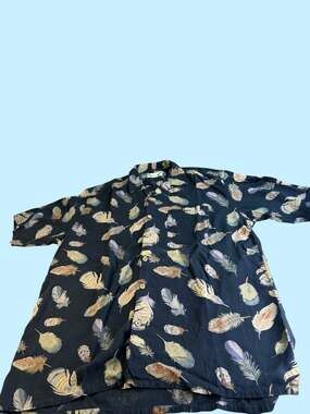 Paradise Coves 100% Silk Black Feather Print Hawaiian Short Sleeve Shirt XL
